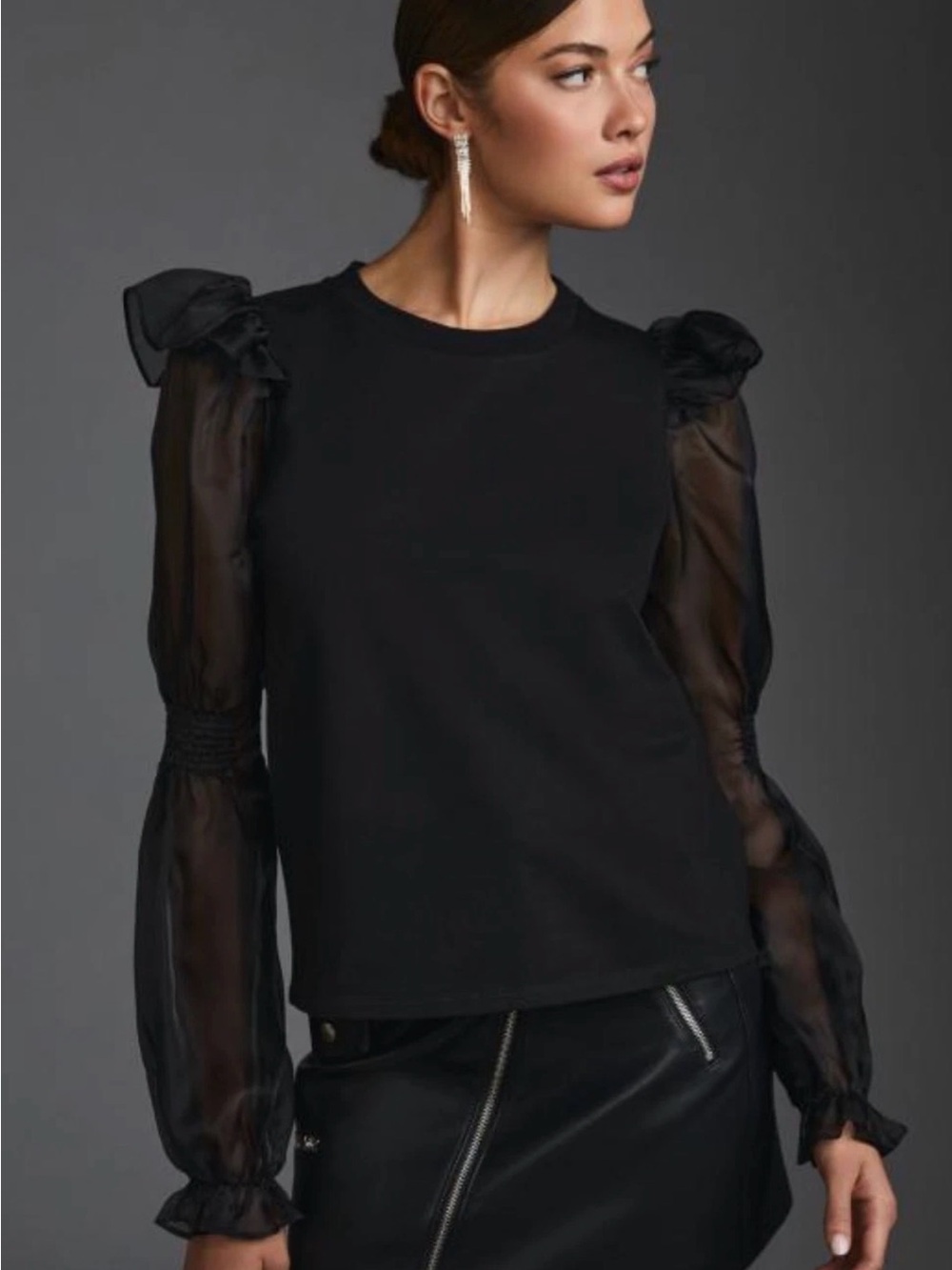 Anthropologie knit top with sheet puff sleeves black L dark romance whimsigoth